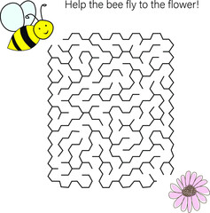 Maze game with bee. Cartoon labyrinth education puzzle. Find path for bee to the flower. Vector kids activity worksheet.