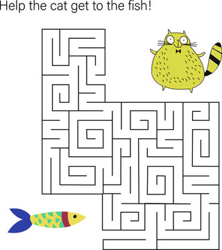 Maze game with cat. Cartoon labyrinth education puzzle. Find path for cat to the fish. Vector kids activity worksheet.