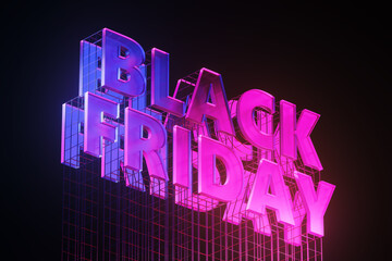 Black friday promotion pink neon banner on metal construction