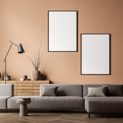 Two empty frames in beige living room