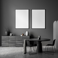 Two frame mockups in dark grey living room with dining table
