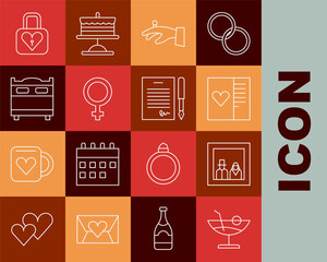 Set line Cocktail, Family photo, Postcard with heart, Wedding rings on hand, Female gender symbol, Bedroom, Lock and Marriage contract icon. Vector