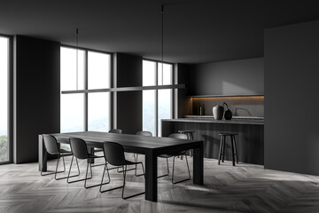 Minimalist dark grey kitchen with linear light. Corner view. - obrazy, fototapety, plakaty