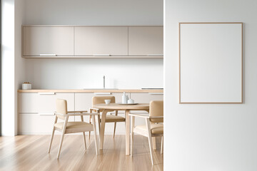 White kitchen set interior with table and beige chairs. Poster menu