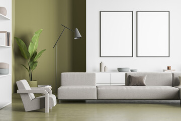 Two canvases on wall in white and olive living room