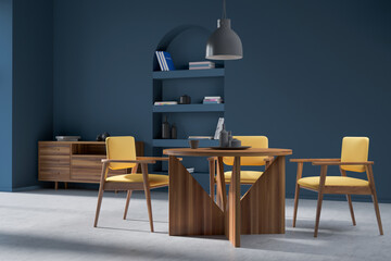 Blue and wooden dining room interior with minimalist furniture and shelf