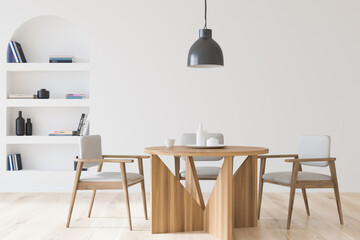 White and wooden dining room interior with minimalist furniture and shelf