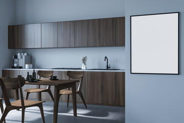 Wooden kitchen set interior with table and chairs. Poster menu