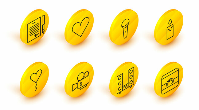 Set line Wedding rings, Home stereo with two speakers, Cinema camera, Balloon form of heart, Burning candle, Microphone, Heart and Marriage contract icon. Vector