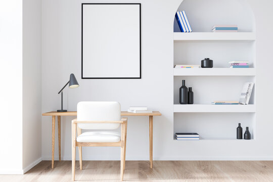 Workplace interior with table and chair on parquet floor. Mockup poster