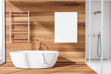 Naklejka na ściany i meble Bright bathroom interior with empty white poster, bathtub, shower