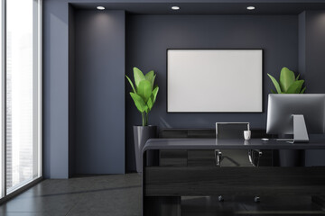 Dark business manager room interior with furniture and window, mockup poster