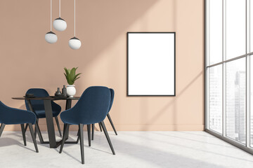 Light dining room interior with furniture and window, mockup poster