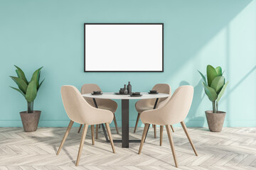 Light blue dining room interior with furniture and plants, mockup poster