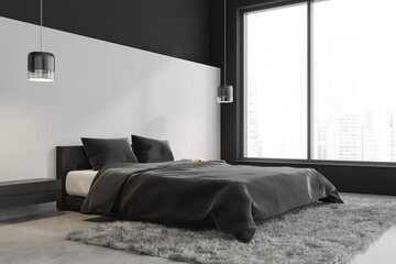 Modern black and white bedroom. Corner view.