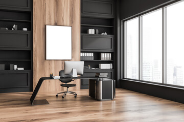 Black business manager room interior with furniture and window, mockup poster