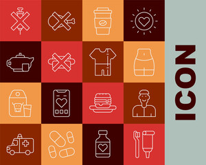 Set line Toothbrush and toothpaste, Positive thinking, Women waist, Coffee cup go, No junk food, Teapot with, doping syringe and Sport track suit icon. Vector