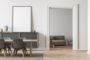 Bright dining room interior with empty white poster, four chairs