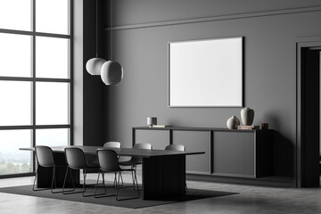 Dark dining room interior with empty white poster, panoramic window