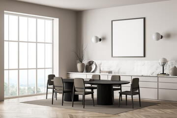 Canvas in beige dining room with floor to ceiling window. Corner view.