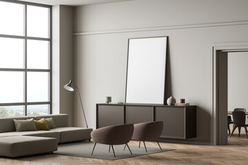 Bright living room interior with empty white poster, panoramic window