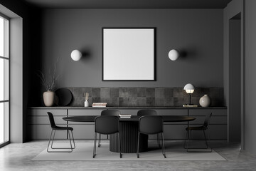 Square canvases in dark grey dining room