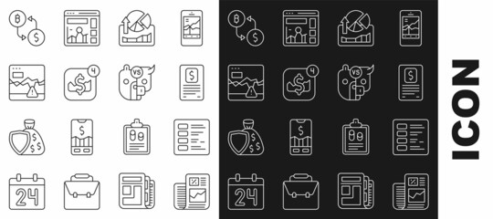 Set line Business finance report, Stocks market growth graphs, Mobile stock trading, Failure stocks, Cryptocurrency exchange and Bull and bear of icon. Vector