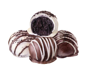 Chocolate cake balls dessert heap watercolor illustration isolated on white background.
