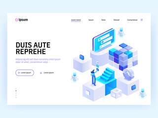 Obraz na płótnie Canvas Blockchain Ecosystem and Digital Asset Exchange concept landing page. Cryptocurrency mining farm, data analysis, online payment. Vector illustration of people isometry scene for web banner