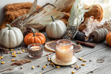 Autumn background with candles, pumpkins, corn and knitted element.