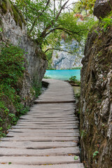 wooden hiking trail in a colorful forest with clear lakes and impressive waterfalls, Plitvice National Park, Croatia,