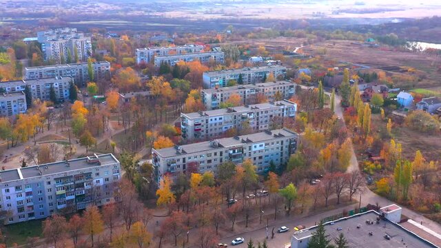 Autumn landscape. Arboretum them. Dokuchaev. 4K aerial photography.
