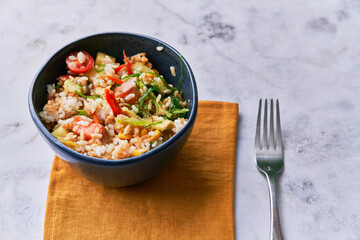  Delicious poke bowl on a marble surface