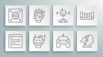 Set line Computer api interface, Robot burned out, Broken robot, Remote control, for maintenance, Disassembled, blueprint and Processor with microcircuits CPU icon. Vector