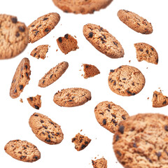  Delicious chocolate cookies flying isolated on a white background