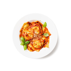 Homemade italian ravioli pasta, stuffed with spinach and ricotta ,served with tomato sauce, parmesan cheese and fresh basil leaves . isolated on white background , top view	
