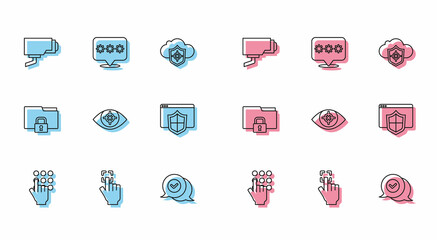 Set line Password protection, Fingerprint, Security camera, Check mark speech bubble, Eye scan, Browser with shield, Folder and lock and icon. Vector