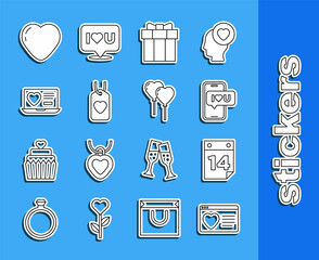 Set line Dating app online, Calendar with February 14, Mobile heart, Gift box, Heart tag, and Balloons form of icon. Vector