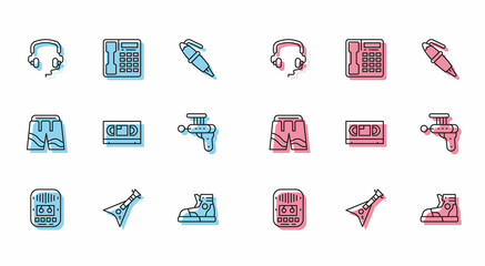 Set line Cassette tape player, Electric bass guitar, Headphones, Sport sneakers, VHS video cassette, Ray gun, Short pants and Telephone handset icon. Vector