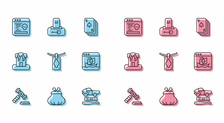 Set line Judge gavel, Wallet, System bug, Car theft, Money laundering, Internet piracy, Arson home and Grave with tombstone icon. Vector