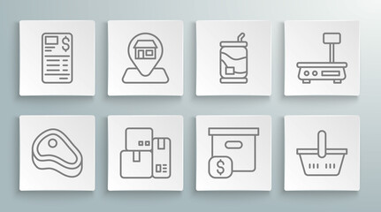 Set line Steak meat, Location Market store, Cash register machine, Carton cardboard box with price, Shopping basket, Soda can, Electronic scales and Paper financial check icon. Vector