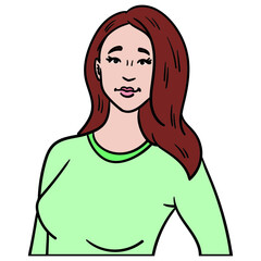 comic woman with long brown hair and green sweater.