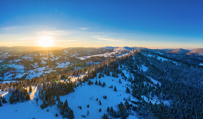 Picturesque winter panorama of mountain hills