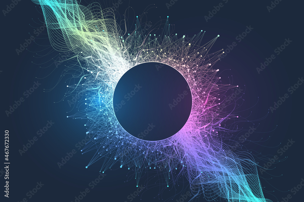Poster Quantum computer technology banner design template concept. Deep learning artificial intelligence. Big data algorithms visualization for business, science, technology. Waves flow, illustration.