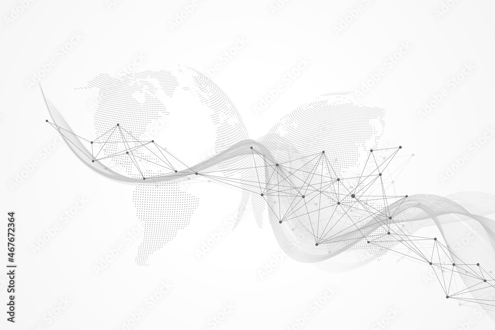 Aufkleber World map point with global technology networking concept. Digital data visualization. Lines plexus. Big Data background communication. Scientific illustration.