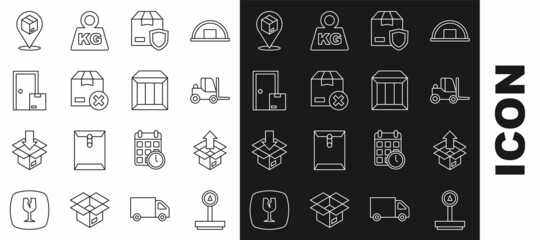 Set line Scale, Unboxing, Forklift truck, Delivery security with shield, Carton cardboard, Home delivery services, Location and icon. Vector