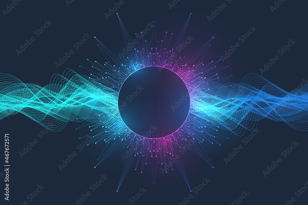Aufkleber Quantum computer technology banner design template concept. Deep learning artificial intelligence. Big data algorithms visualization for business, science, technology. Waves flow, illustration.