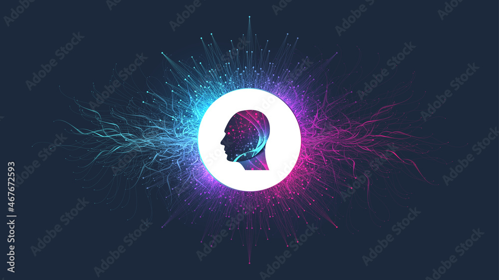 Poster Artificial intelligence with Digital Brain, Neural Networks and Learning Processing Big Data, Machine Learning concept. Binary data flow on blue background, illustration
