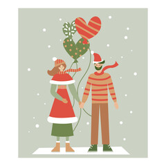 Christmas happy romantic couple inn boho colors flat style. Vector design for web, print, poster, illustration, etc. 