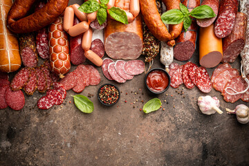 Set of different types of sausages, salami and smoked meat with basil and spices on brown stone background. Top view.